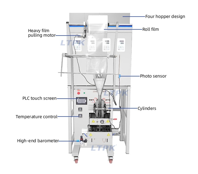 LT-ZBF200F Pneumatic Automatic Four Side Seal Four Heads 200G Powder Granule Filling Sealing Pouch Packaging Machines